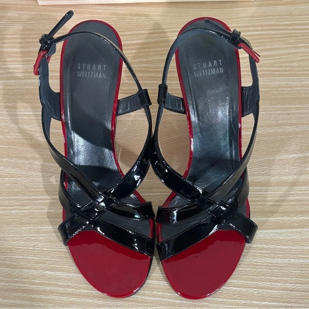 Stuart Weitzman Black Patent Leather Red Wedge Sandals Size 8.5M